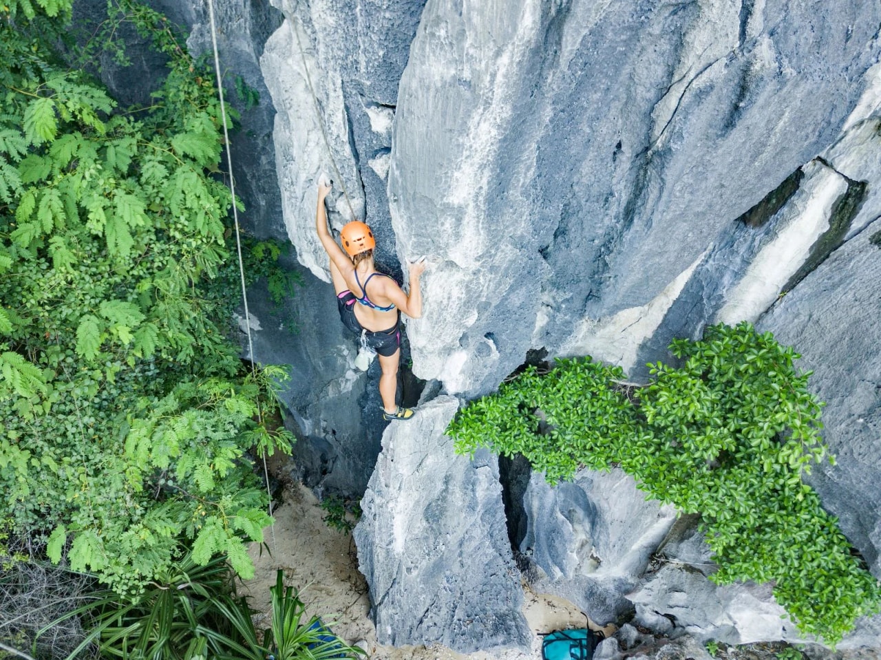 A climber wearing an orange helmet on a limestone wall among green vegetation