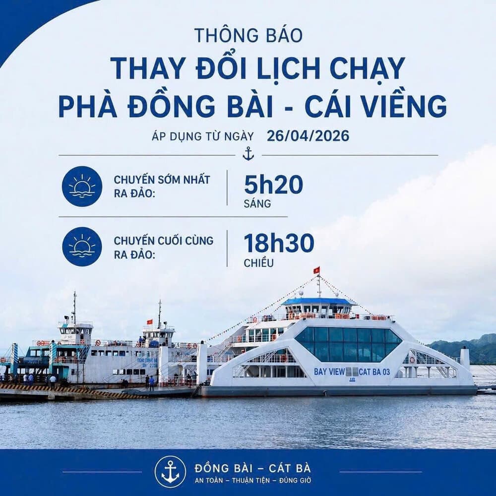 Official 2026 Dong Bai – Cai Vieng ferry schedule announcement in Vietnamese