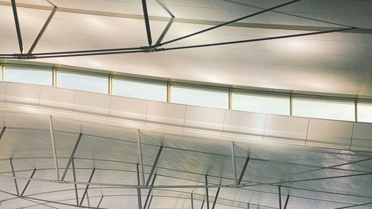 Modern airport terminal architecture with skylight ceiling