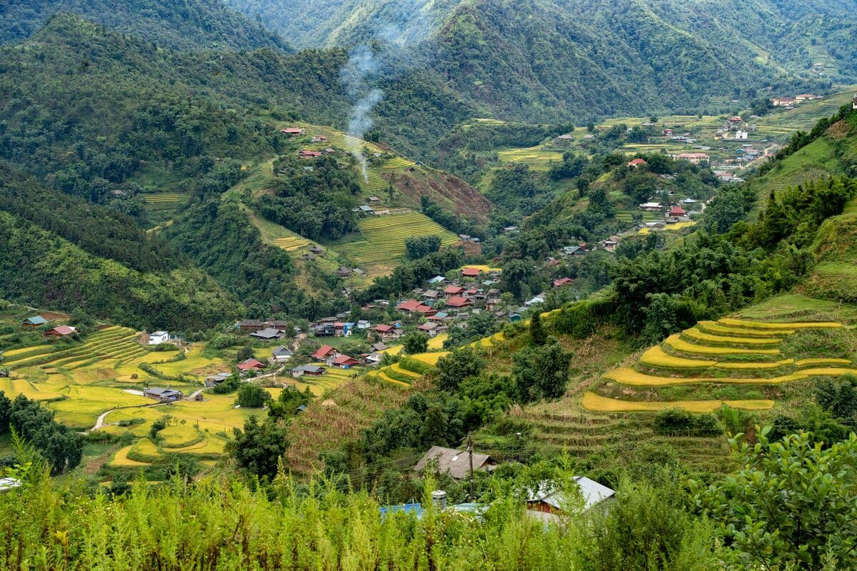 Misty mountain pass and terraced fields in Sapa region