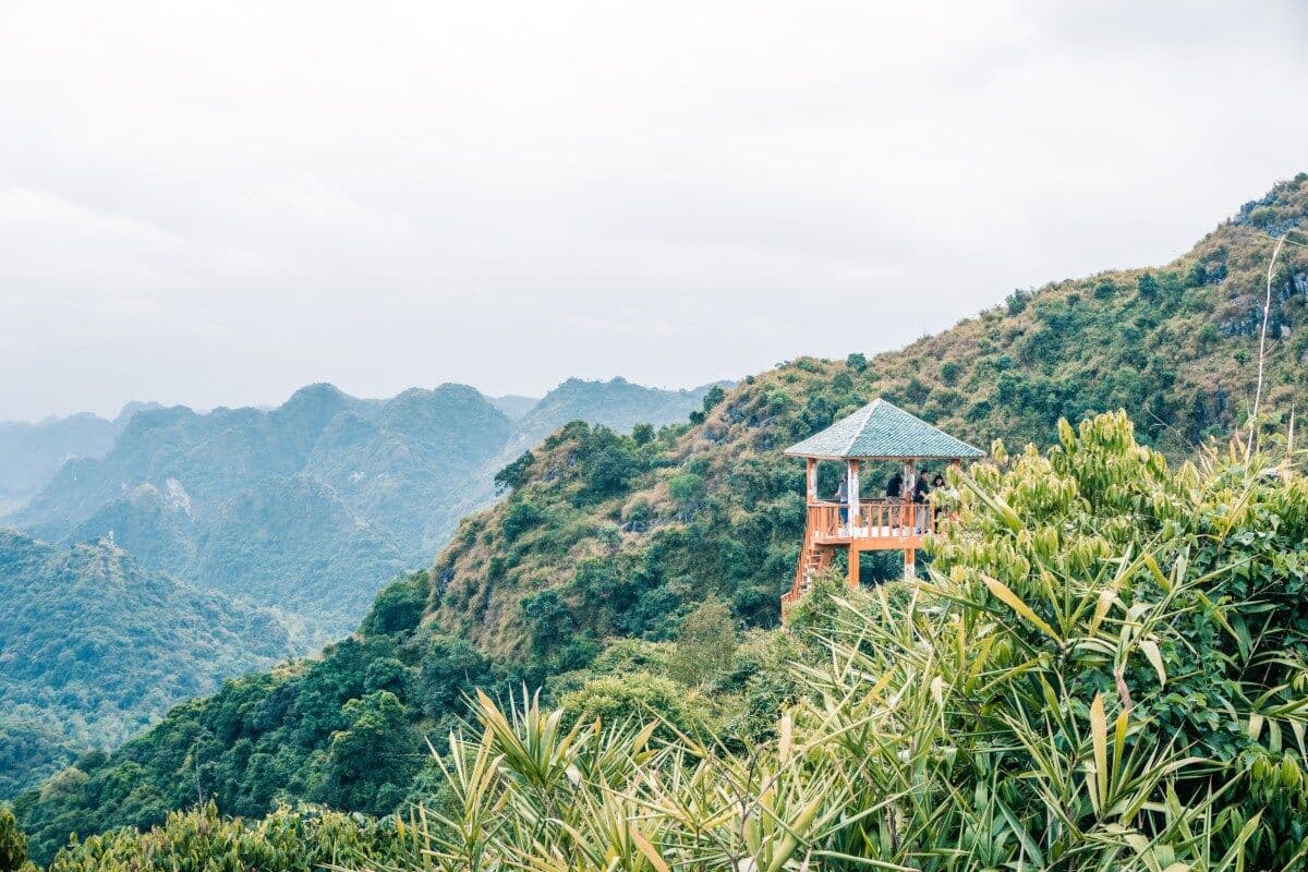 A wooden viewpoint pavilion on a Cat Ba ridge overlooking forested valleys