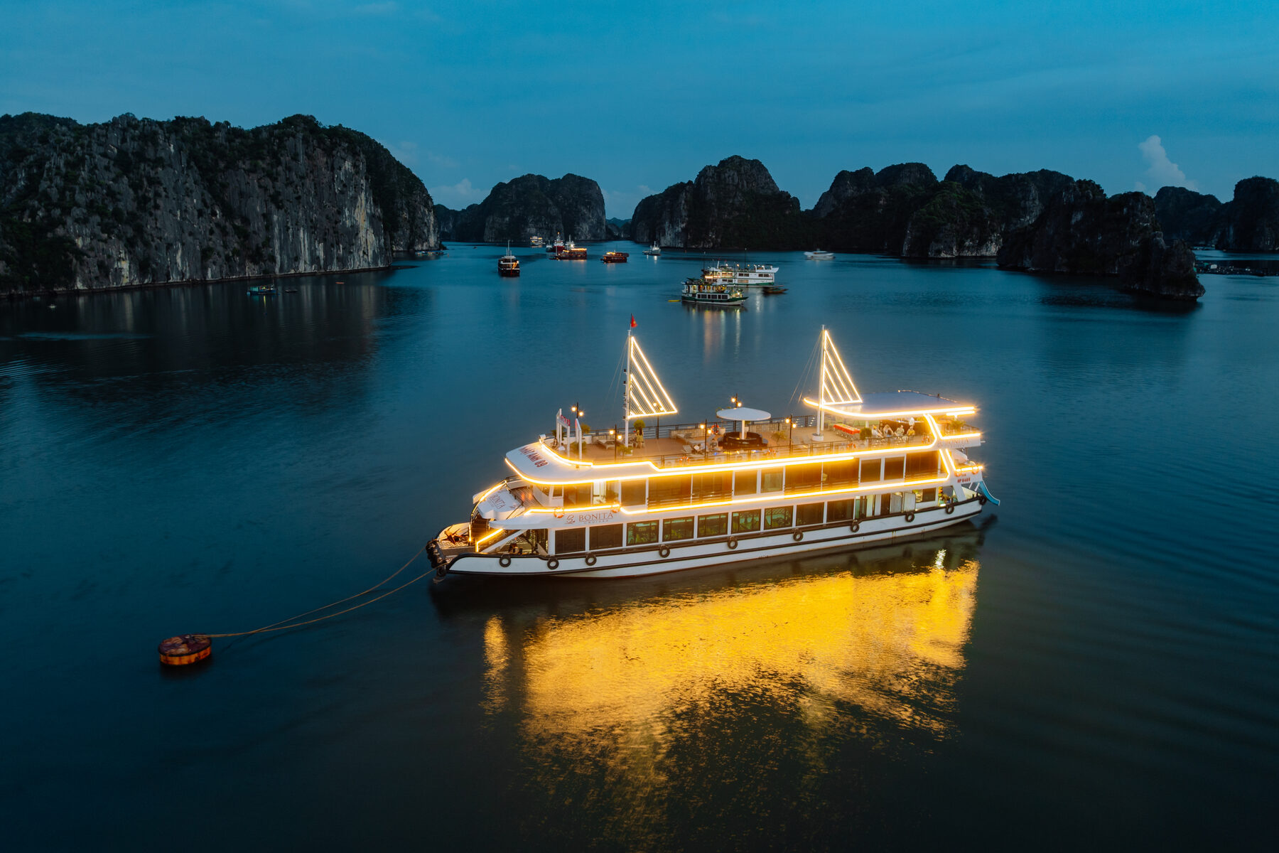 Night falls over the bay near Cat Ba town